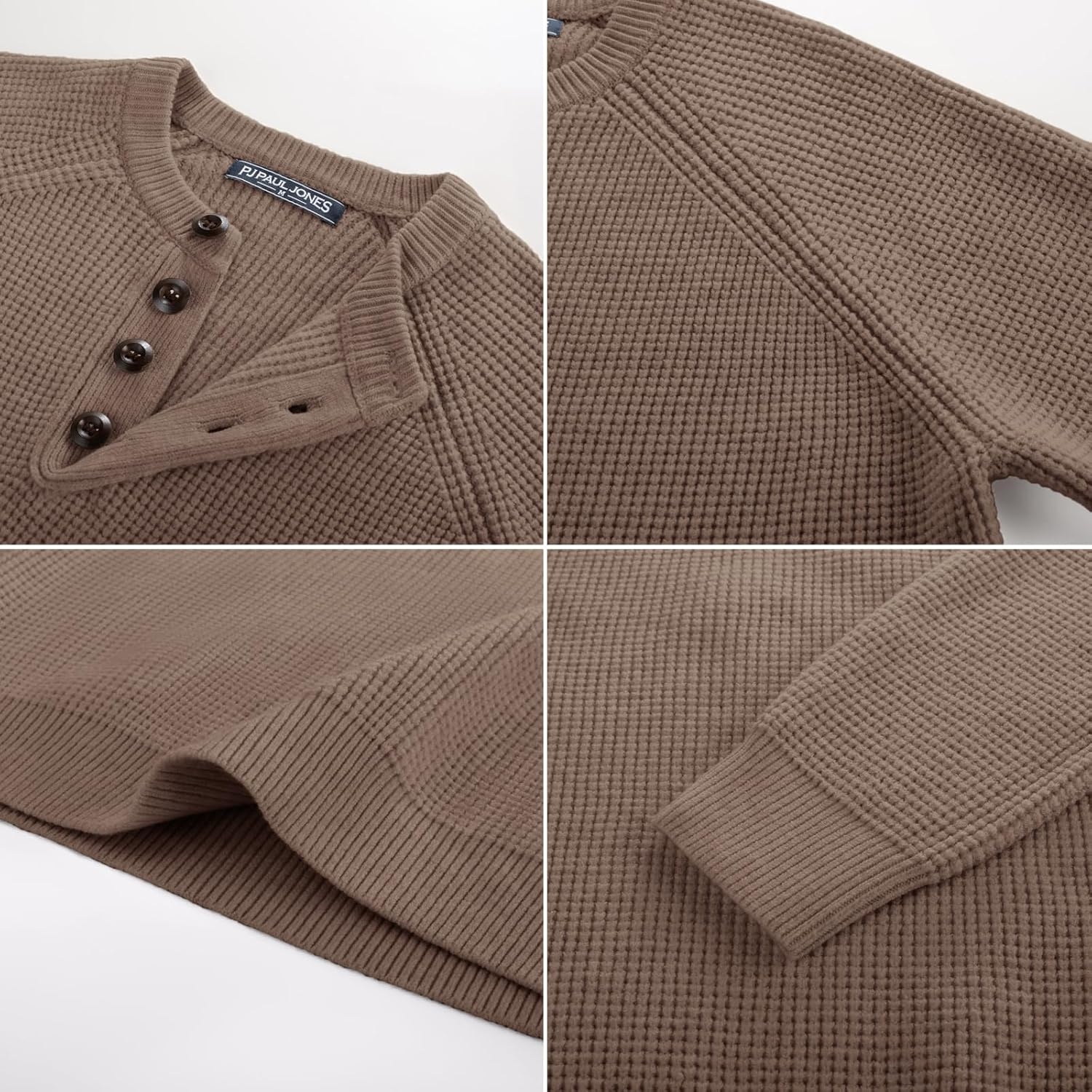 image:imagePJ Jones Mens Sweaters Casual Waffle Pullover Sweater Button Crewneck Textured Knit Henley SweatersCamel