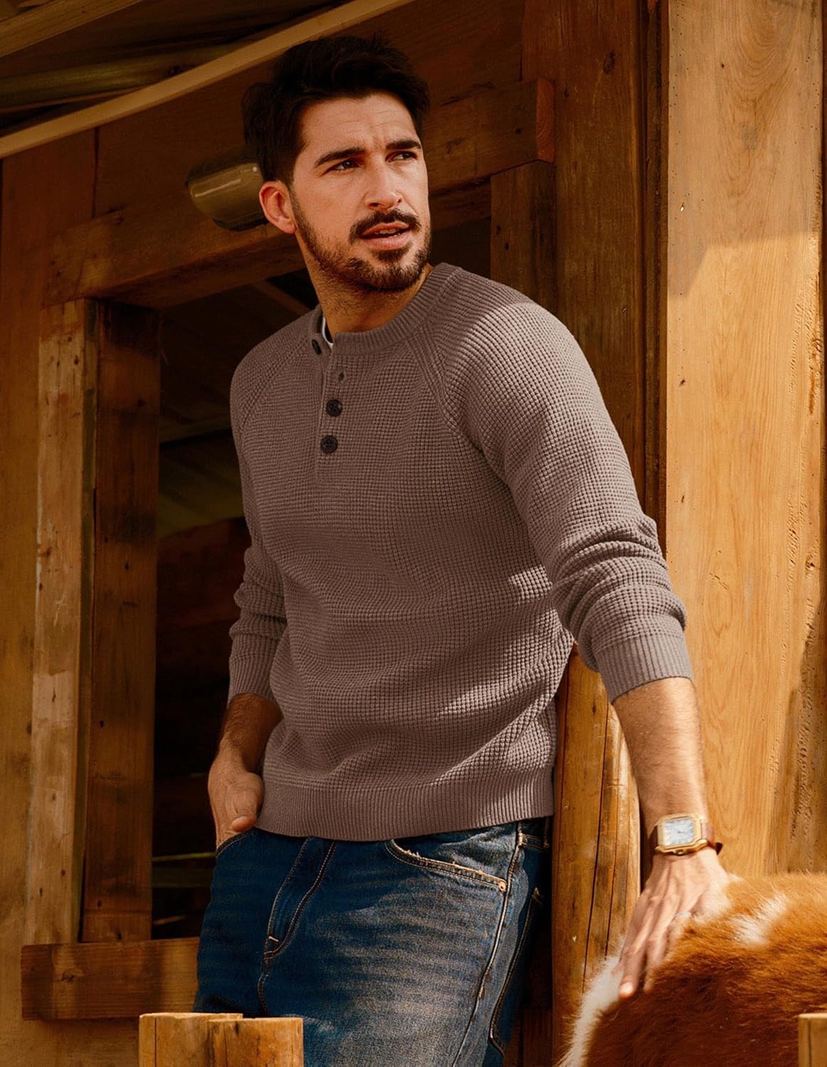 image:imagePJ Jones Mens Sweaters Casual Waffle Pullover Sweater Button Crewneck Textured Knit Henley SweatersCamel