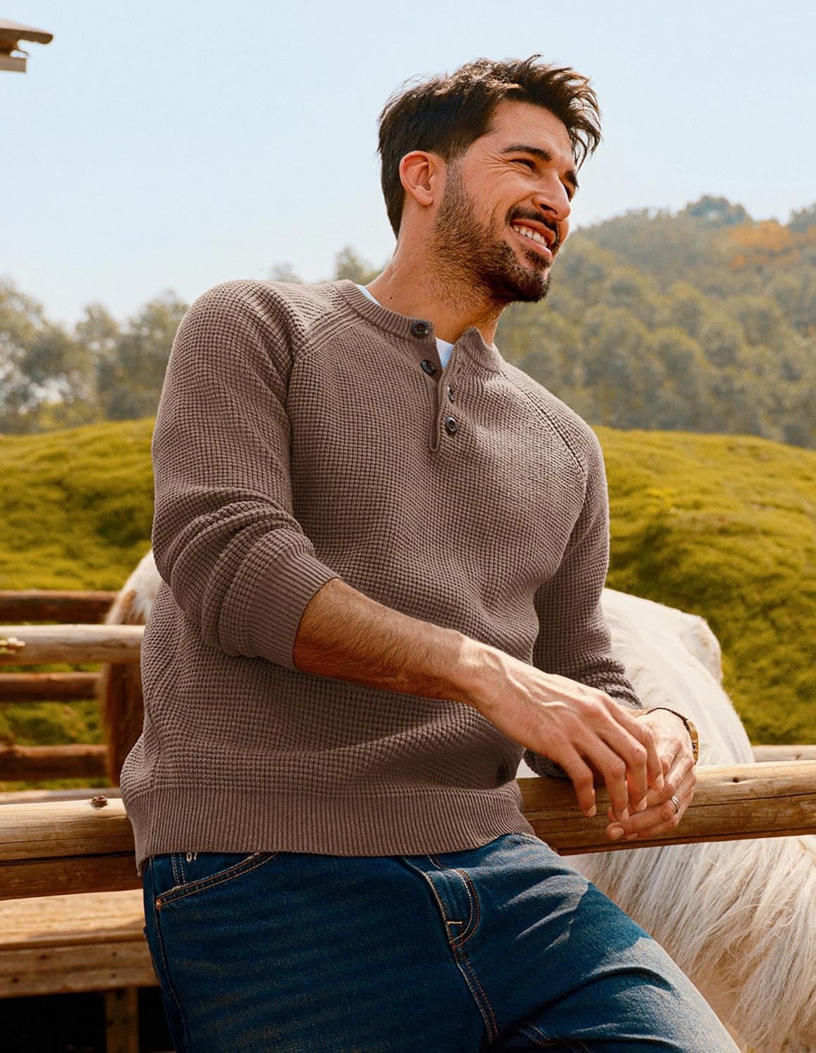 image:imagePJ Jones Mens Sweaters Casual Waffle Pullover Sweater Button Crewneck Textured Knit Henley SweatersCamel