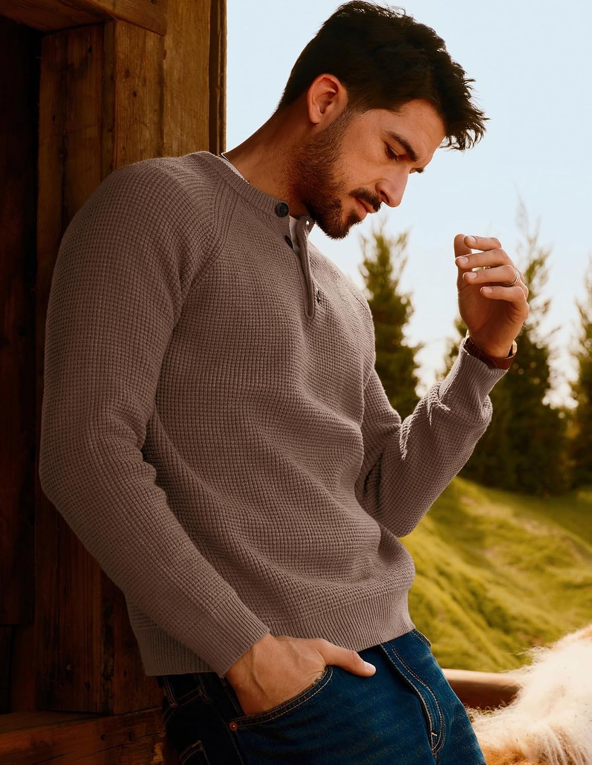 image:imagePJ Jones Mens Sweaters Casual Waffle Pullover Sweater Button Crewneck Textured Knit Henley SweatersCamel