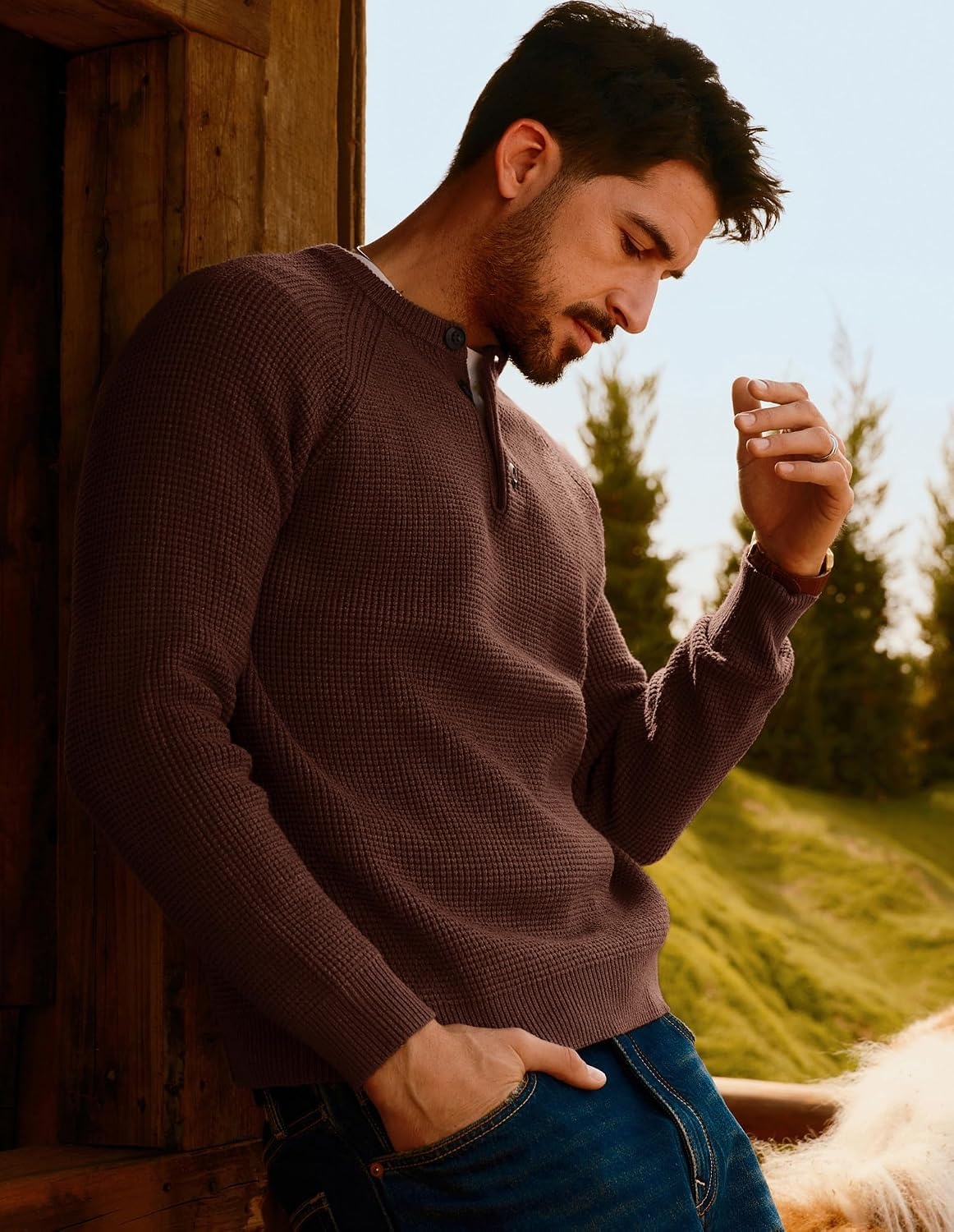 image:imagePJ Jones Mens Sweaters Casual Waffle Pullover Sweater Button Crewneck Textured Knit Henley SweatersCoffee