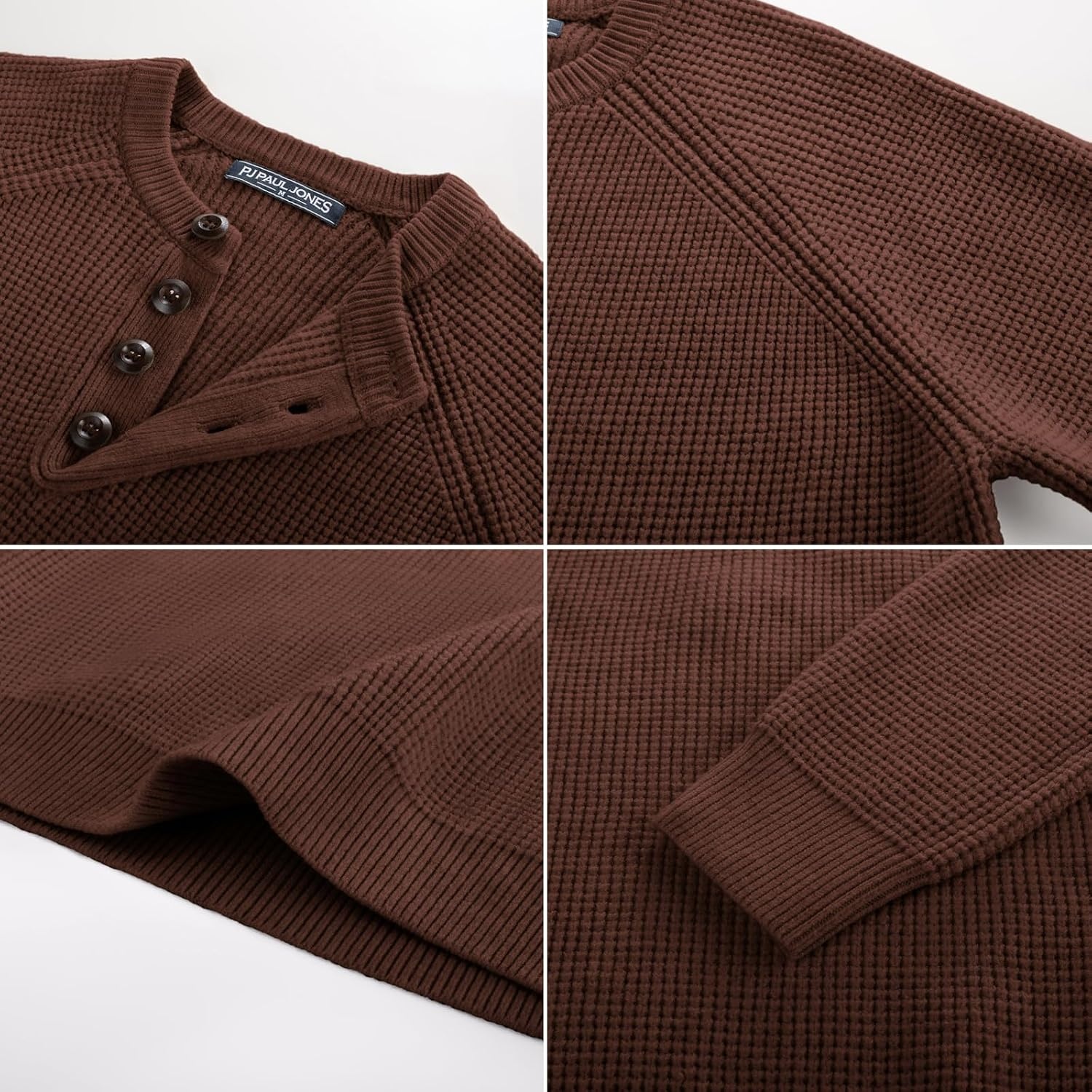 image:imagePJ Jones Mens Sweaters Casual Waffle Pullover Sweater Button Crewneck Textured Knit Henley SweatersCoffee