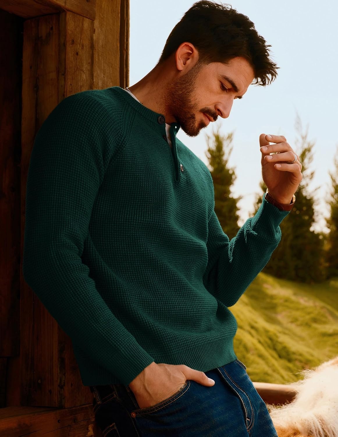 image:imagePJ Jones Mens Sweaters Casual Waffle Pullover Sweater Button Crewneck Textured Knit Henley SweatersDark Green