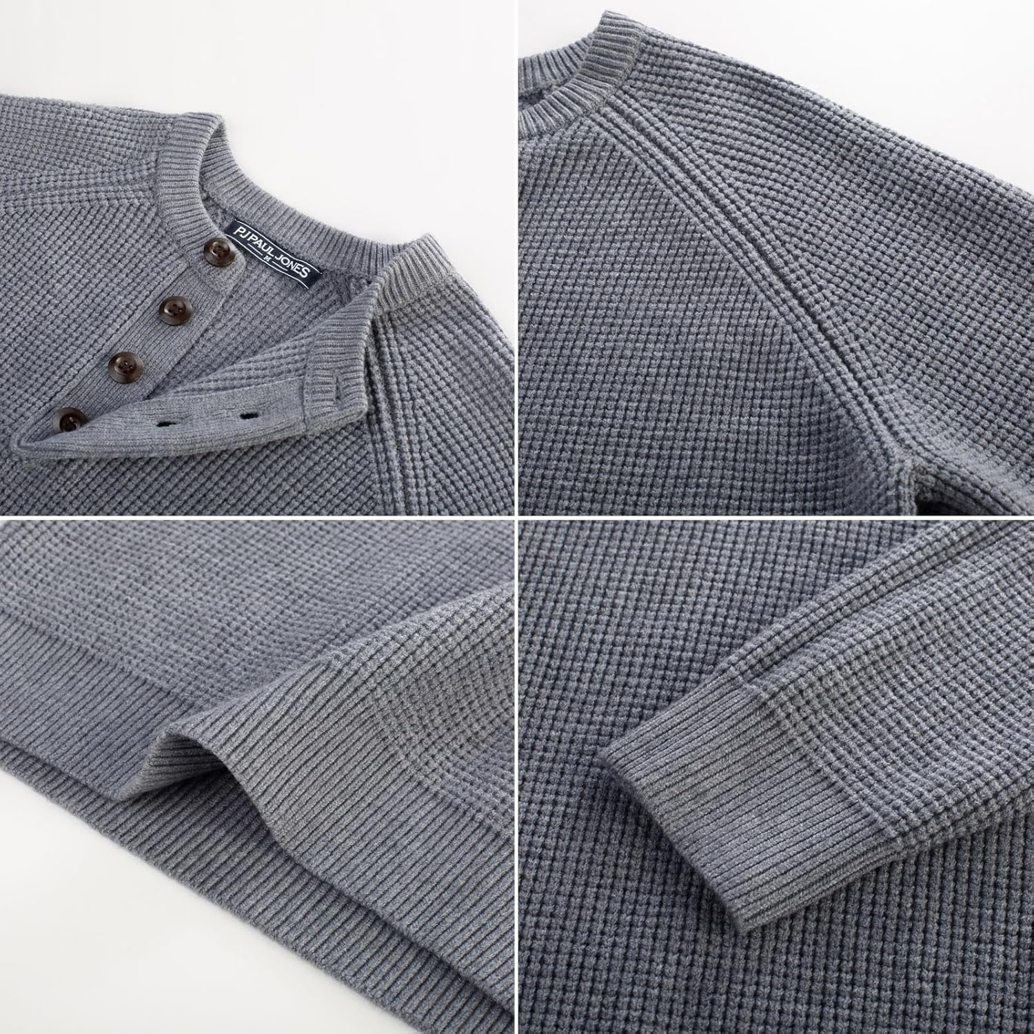 image:imagePJ Jones Mens Sweaters Casual Waffle Pullover Sweater Button Crewneck Textured Knit Henley SweatersDark Grey
