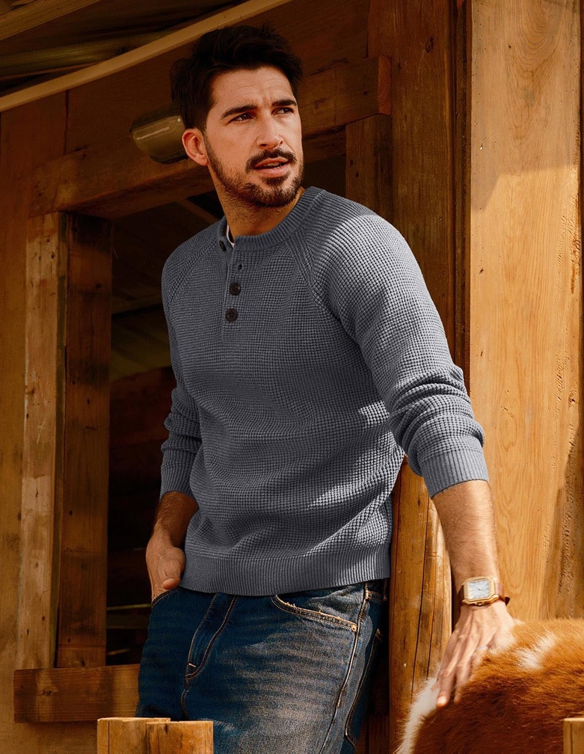 image:imagePJ Jones Mens Sweaters Casual Waffle Pullover Sweater Button Crewneck Textured Knit Henley SweatersDark Grey