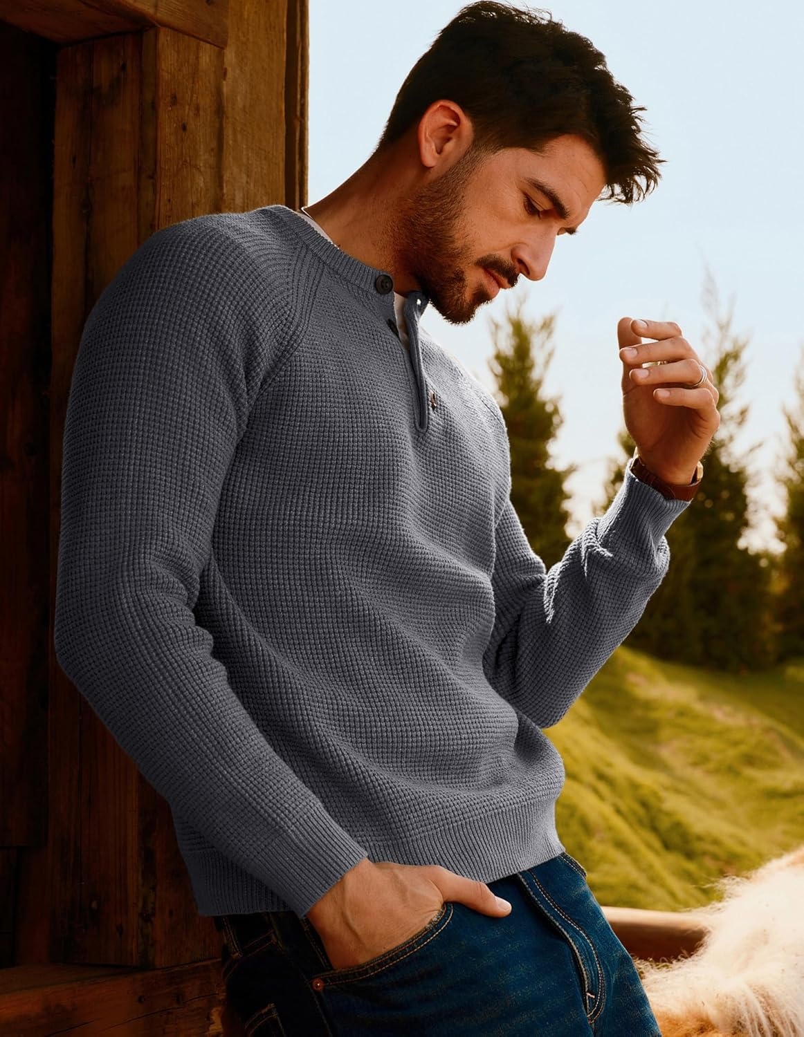 image:imagePJ Jones Mens Sweaters Casual Waffle Pullover Sweater Button Crewneck Textured Knit Henley SweatersDark Grey