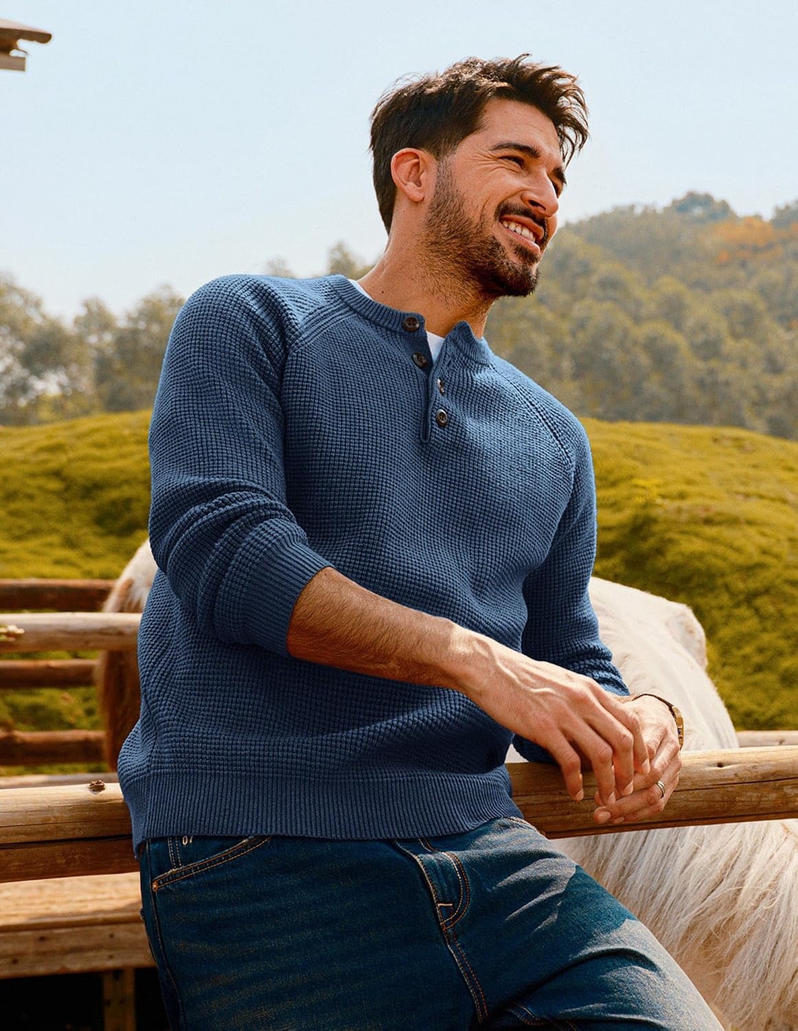 image:imagePJ Jones Mens Sweaters Casual Waffle Pullover Sweater Button Crewneck Textured Knit Henley SweatersDenim Blue