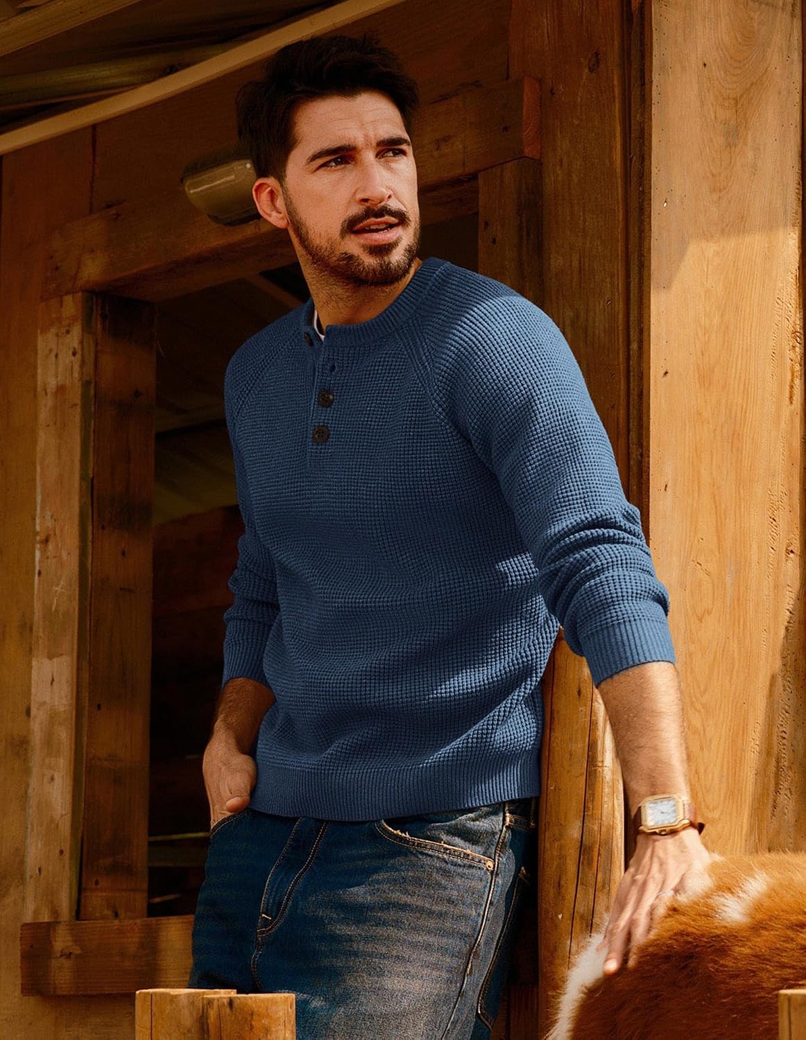 image:imagePJ Jones Mens Sweaters Casual Waffle Pullover Sweater Button Crewneck Textured Knit Henley SweatersDenim Blue