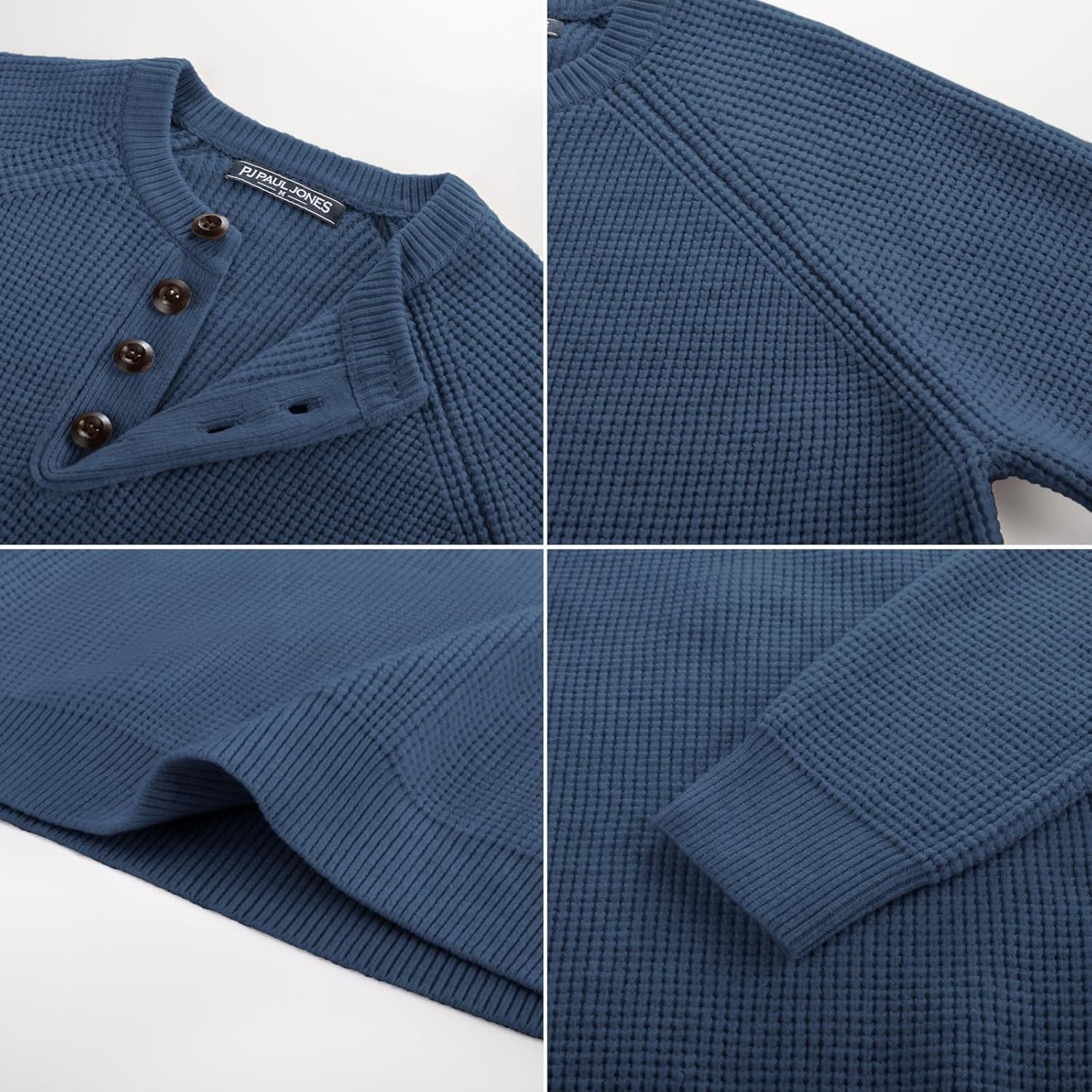 image:imagePJ Jones Mens Sweaters Casual Waffle Pullover Sweater Button Crewneck Textured Knit Henley SweatersDenim Blue
