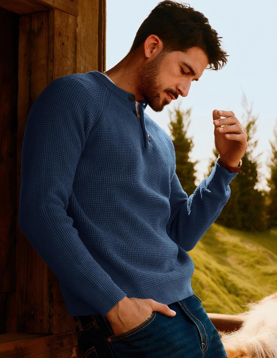 image:imagePJ Jones Mens Sweaters Casual Waffle Pullover Sweater Button Crewneck Textured Knit Henley SweatersDenim Blue