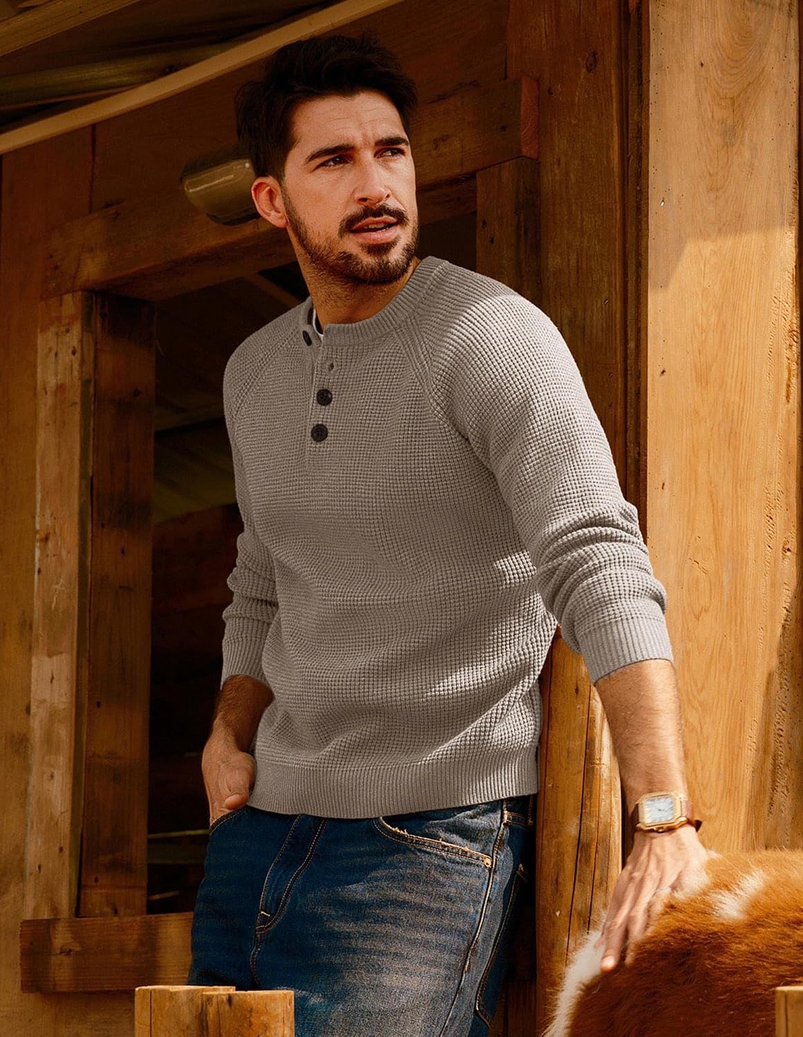 image:imagePJ Jones Mens Sweaters Casual Waffle Pullover Sweater Button Crewneck Textured Knit Henley SweatersKhaki
