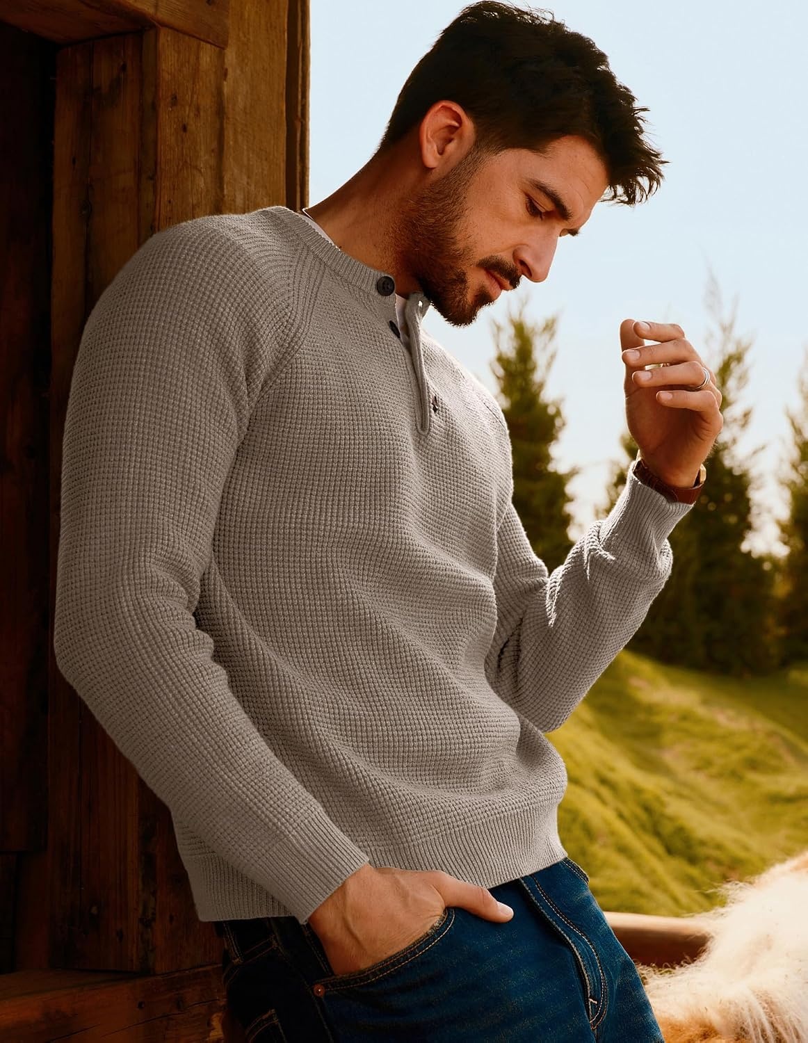 image:imagePJ Jones Mens Sweaters Casual Waffle Pullover Sweater Button Crewneck Textured Knit Henley SweatersKhaki