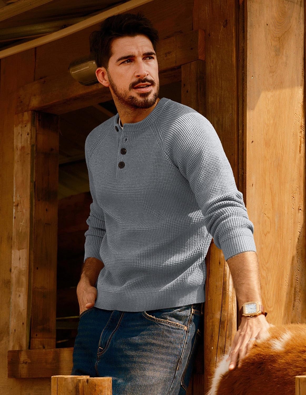 image:imagePJ Jones Mens Sweaters Casual Waffle Pullover Sweater Button Crewneck Textured Knit Henley SweatersLight Grey