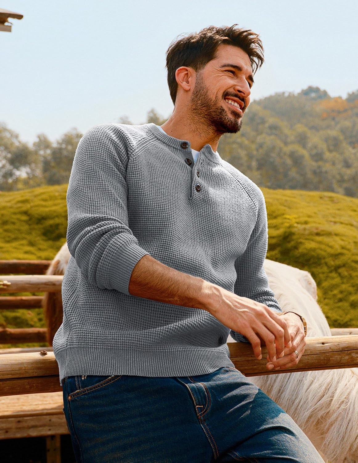image:imagePJ Jones Mens Sweaters Casual Waffle Pullover Sweater Button Crewneck Textured Knit Henley SweatersLight Grey