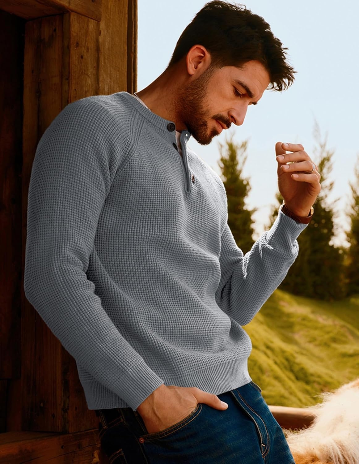 image:imagePJ Jones Mens Sweaters Casual Waffle Pullover Sweater Button Crewneck Textured Knit Henley SweatersLight Grey
