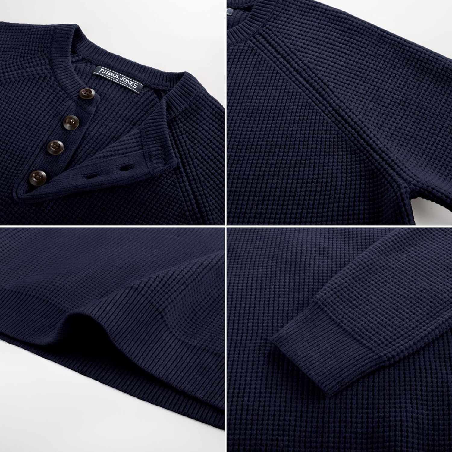 image:imagePJ Jones Mens Sweaters Casual Waffle Pullover Sweater Button Crewneck Textured Knit Henley SweatersNavy Blue