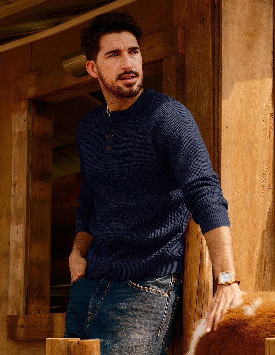 image:imagePJ Jones Mens Sweaters Casual Waffle Pullover Sweater Button Crewneck Textured Knit Henley SweatersNavy Blue