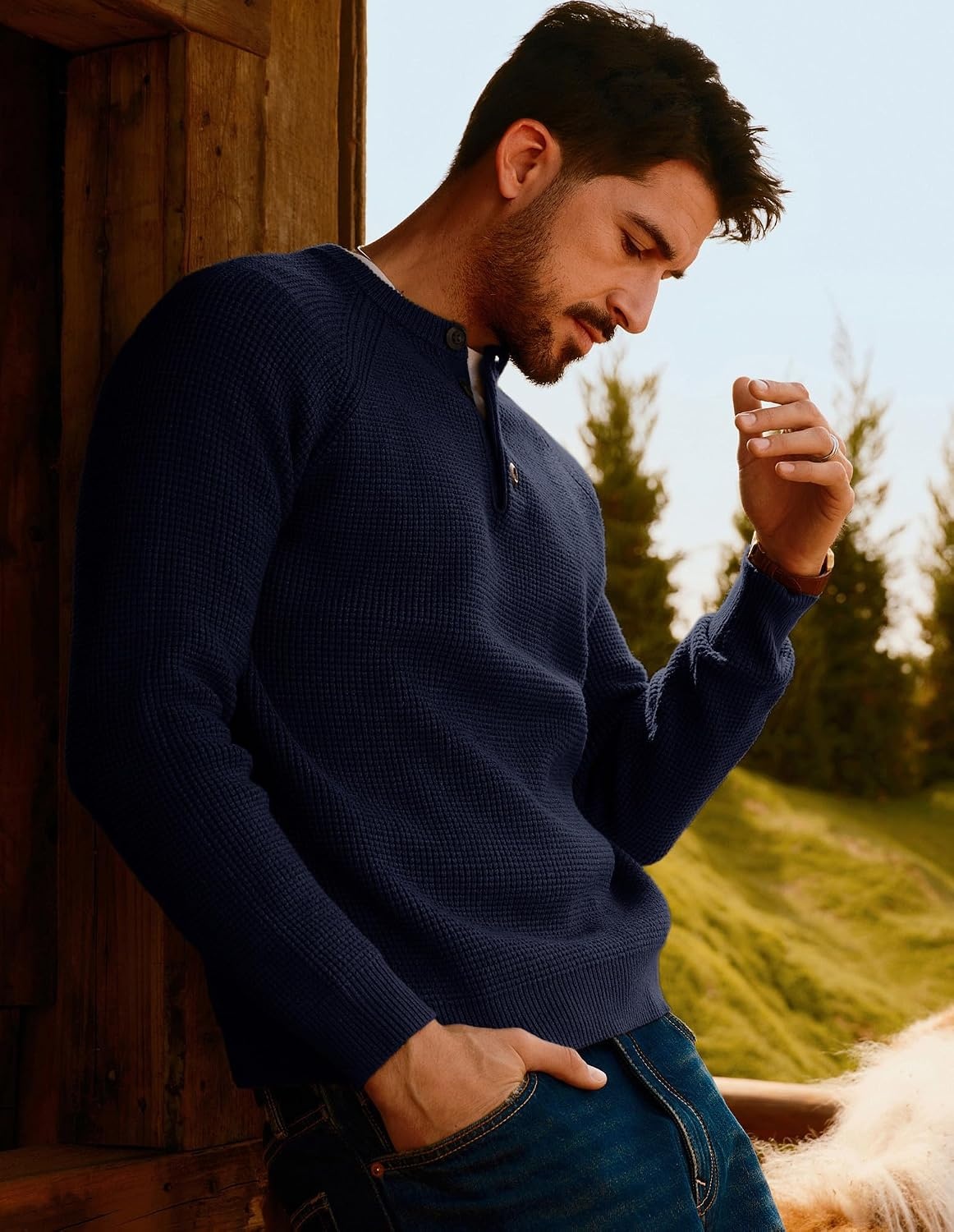 image:imagePJ Jones Mens Sweaters Casual Waffle Pullover Sweater Button Crewneck Textured Knit Henley SweatersNavy Blue