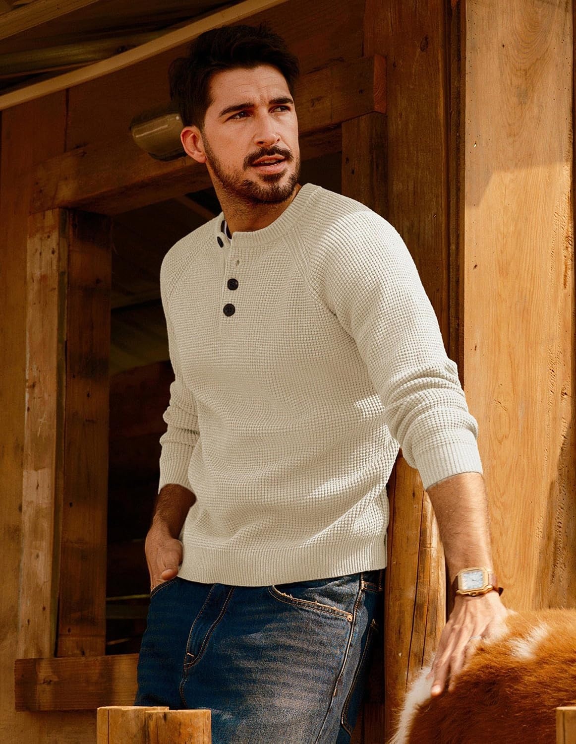 image:imagePJ Jones Mens Sweaters Casual Waffle Pullover Sweater Button Crewneck Textured Knit Henley SweatersWhite