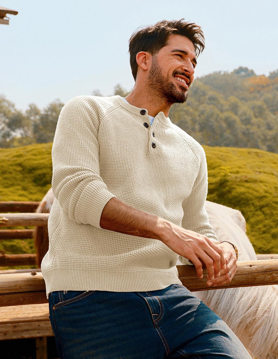 image:imagePJ Jones Mens Sweaters Casual Waffle Pullover Sweater Button Crewneck Textured Knit Henley SweatersWhite