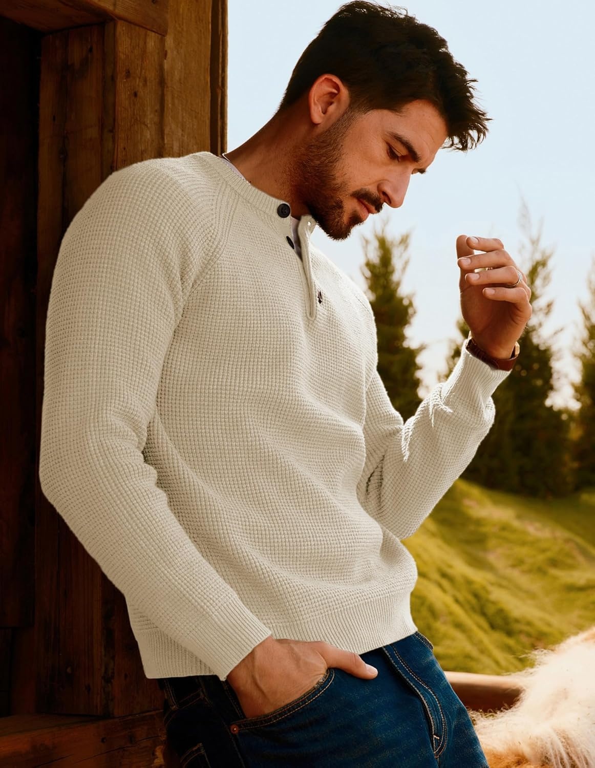 image:imagePJ Jones Mens Sweaters Casual Waffle Pullover Sweater Button Crewneck Textured Knit Henley SweatersWhite