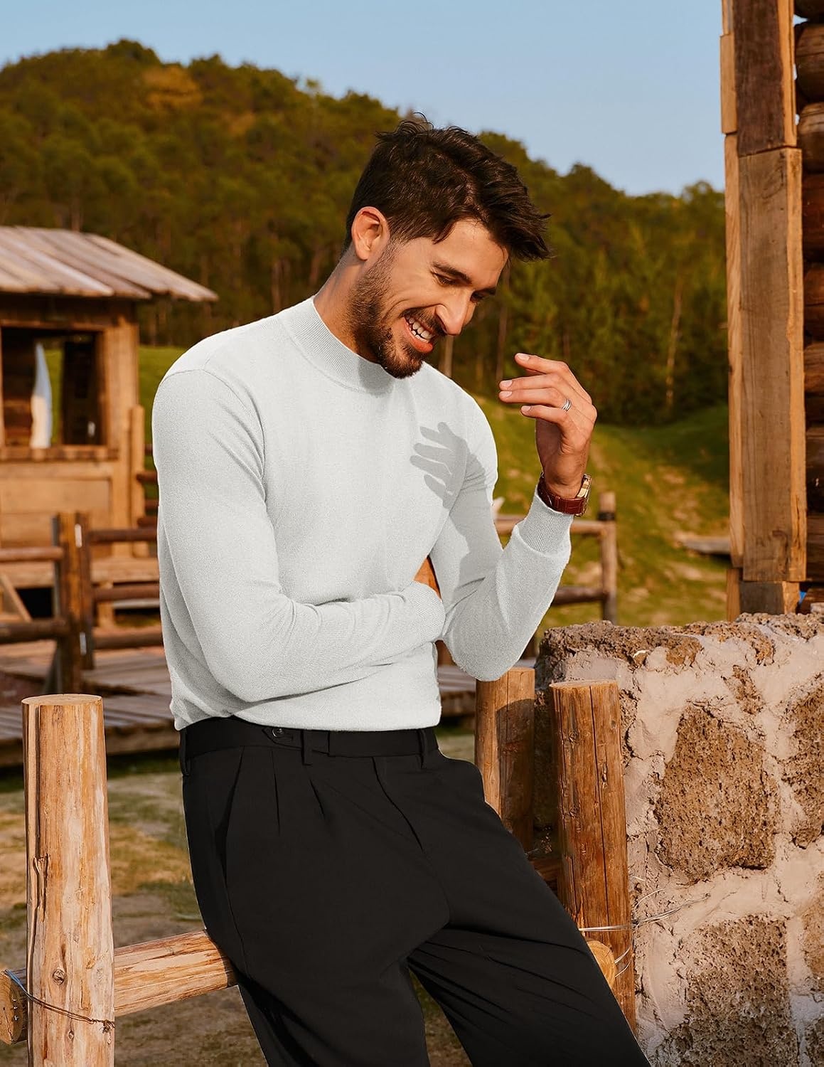 image:imagePJ PAUL JONES Mens Mock Neck Sweater Long Sleeve Sweaters Long sleeve Ribbed cuff and hems Mock TurtleneckTexture knitted Lightweight and stretchy Basic and thermalWhite