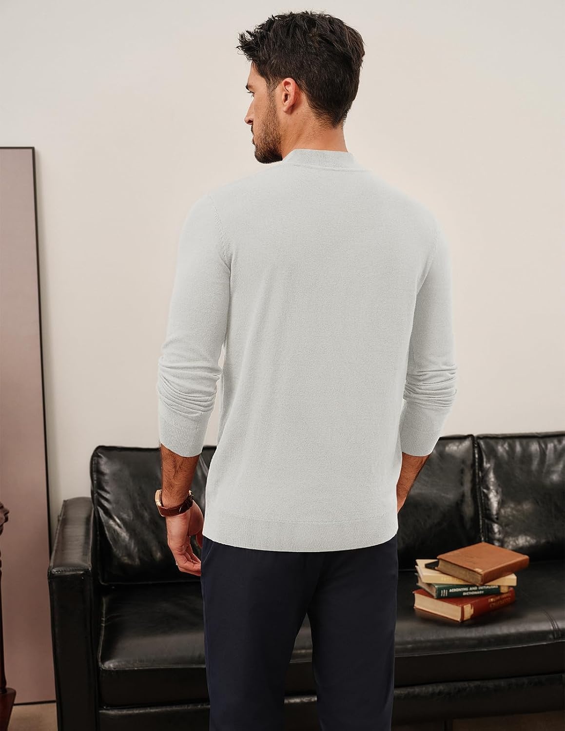 image:imagePJ PAUL JONES Mens Mock Neck Sweater Long Sleeve Sweaters Long sleeve Ribbed cuff and hems Mock TurtleneckTexture knitted Lightweight and stretchy Basic and thermalWhite
