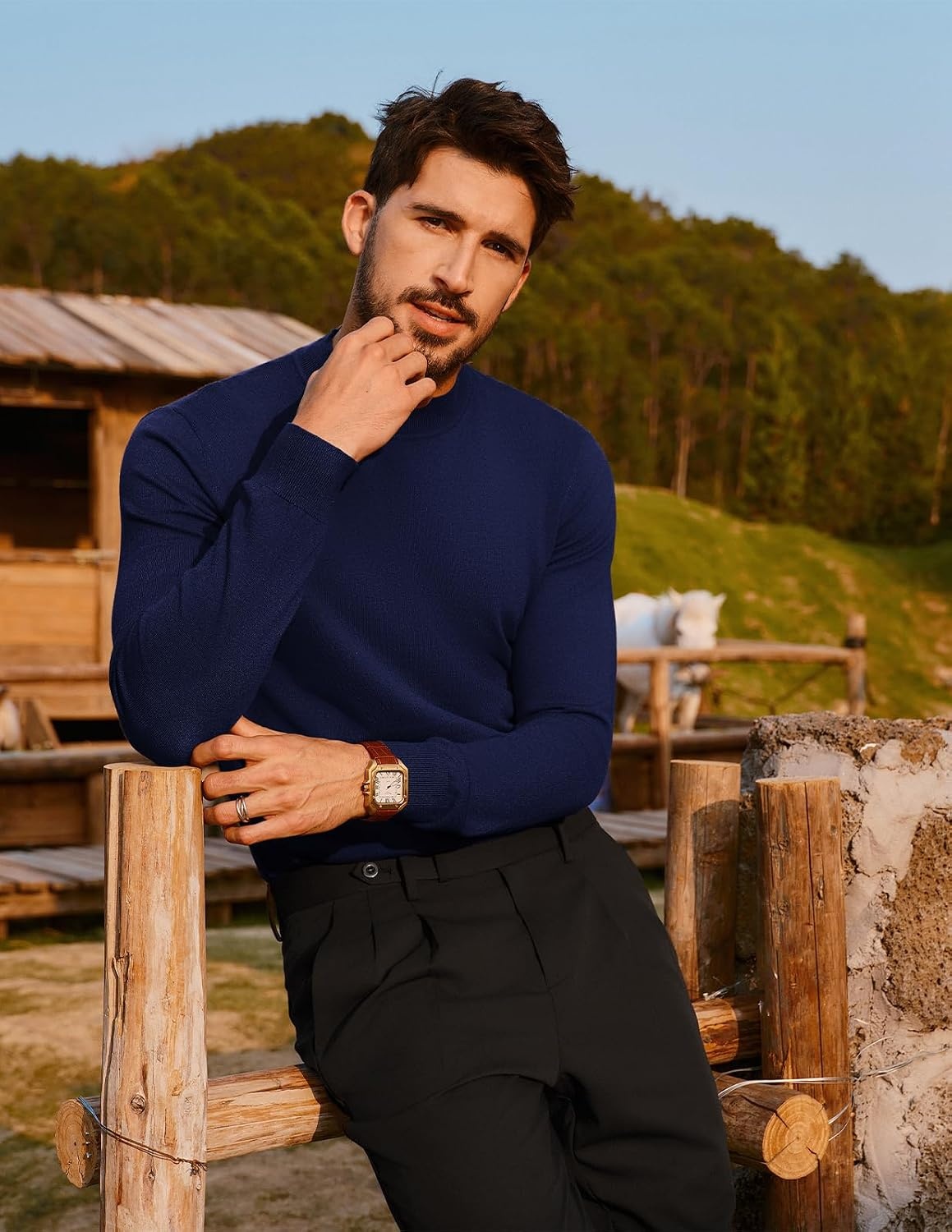 image:imagePJ PAUL JONES Mens Mock Neck Sweater Long Sleeve Sweaters Long sleeve Ribbed cuff and hems Mock TurtleneckTexture knitted Lightweight and stretchy Basic and thermalNavy Blue