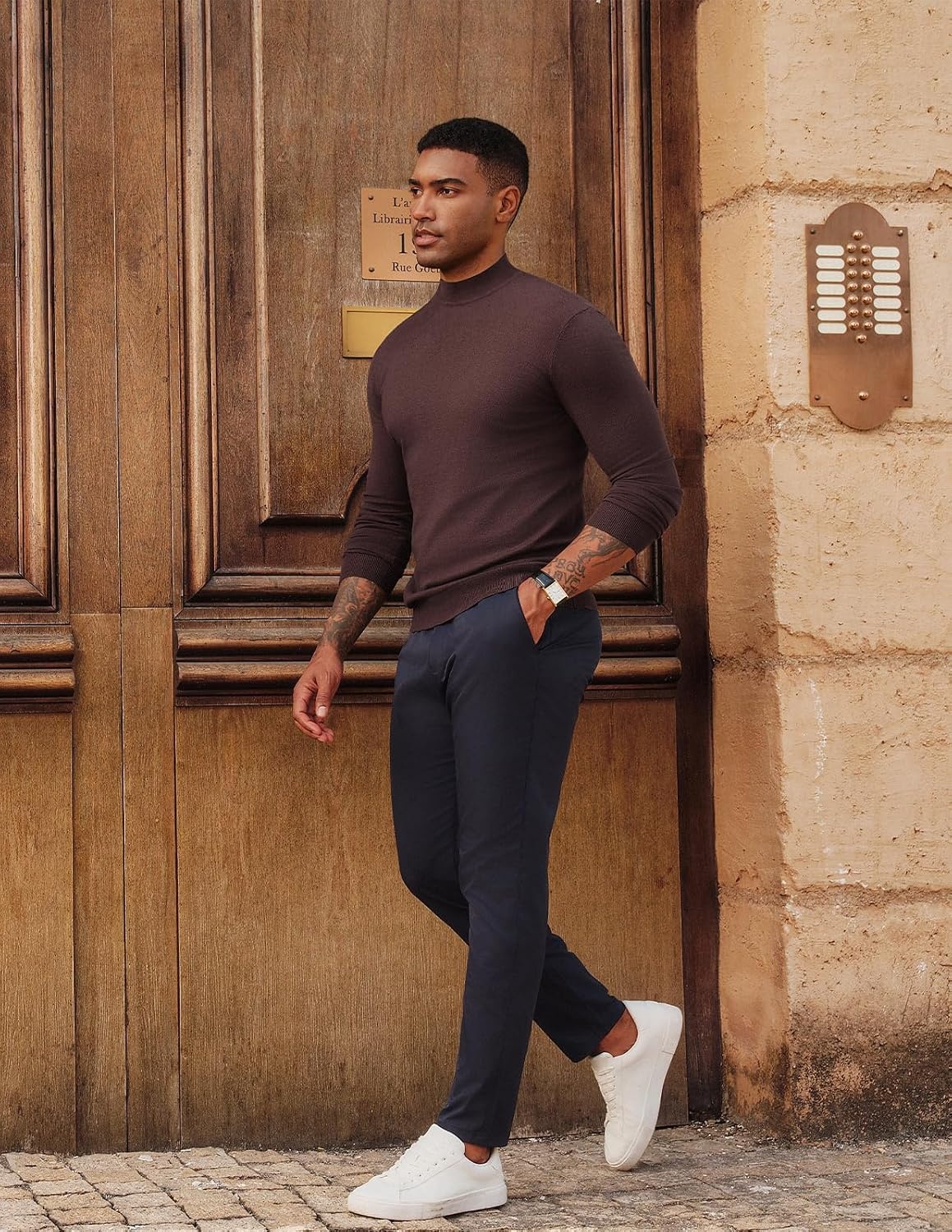 image:imagePJ PAUL JONES Mens Mock Neck Sweater Long Sleeve Sweaters Long sleeve Ribbed cuff and hems Mock TurtleneckTexture knitted Lightweight and stretchy Basic and thermalCoffee
