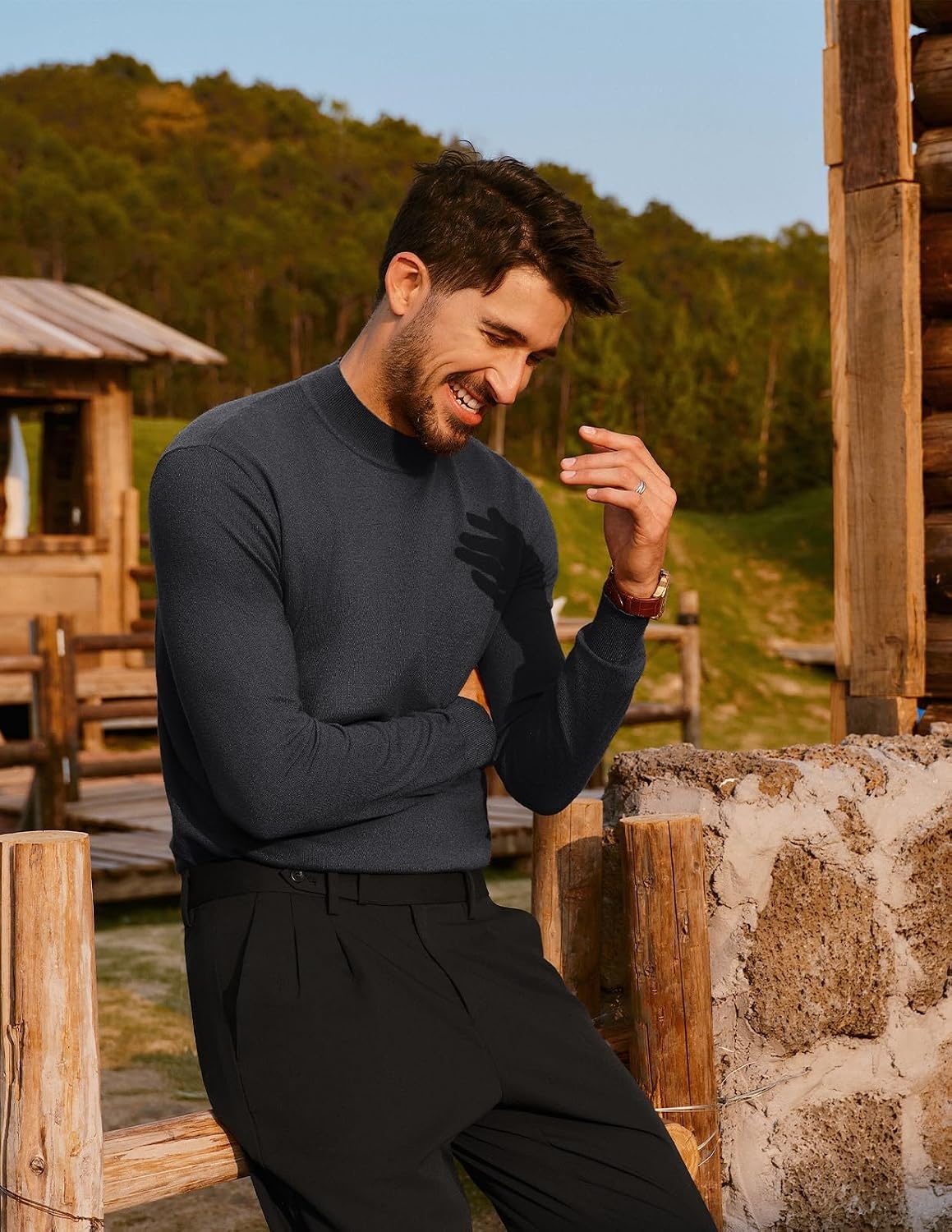 image:imagePJ PAUL JONES Mens Mock Neck Sweater Long Sleeve Sweaters Long sleeve Ribbed cuff and hems Mock TurtleneckTexture knitted Lightweight and stretchy Basic and thermalGrey
