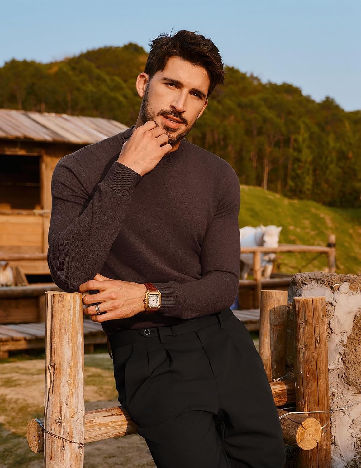 image:imagePJ PAUL JONES Mens Mock Neck Sweater Long Sleeve Sweaters Long sleeve Ribbed cuff and hems Mock TurtleneckTexture knitted Lightweight and stretchy Basic and thermalCoffee