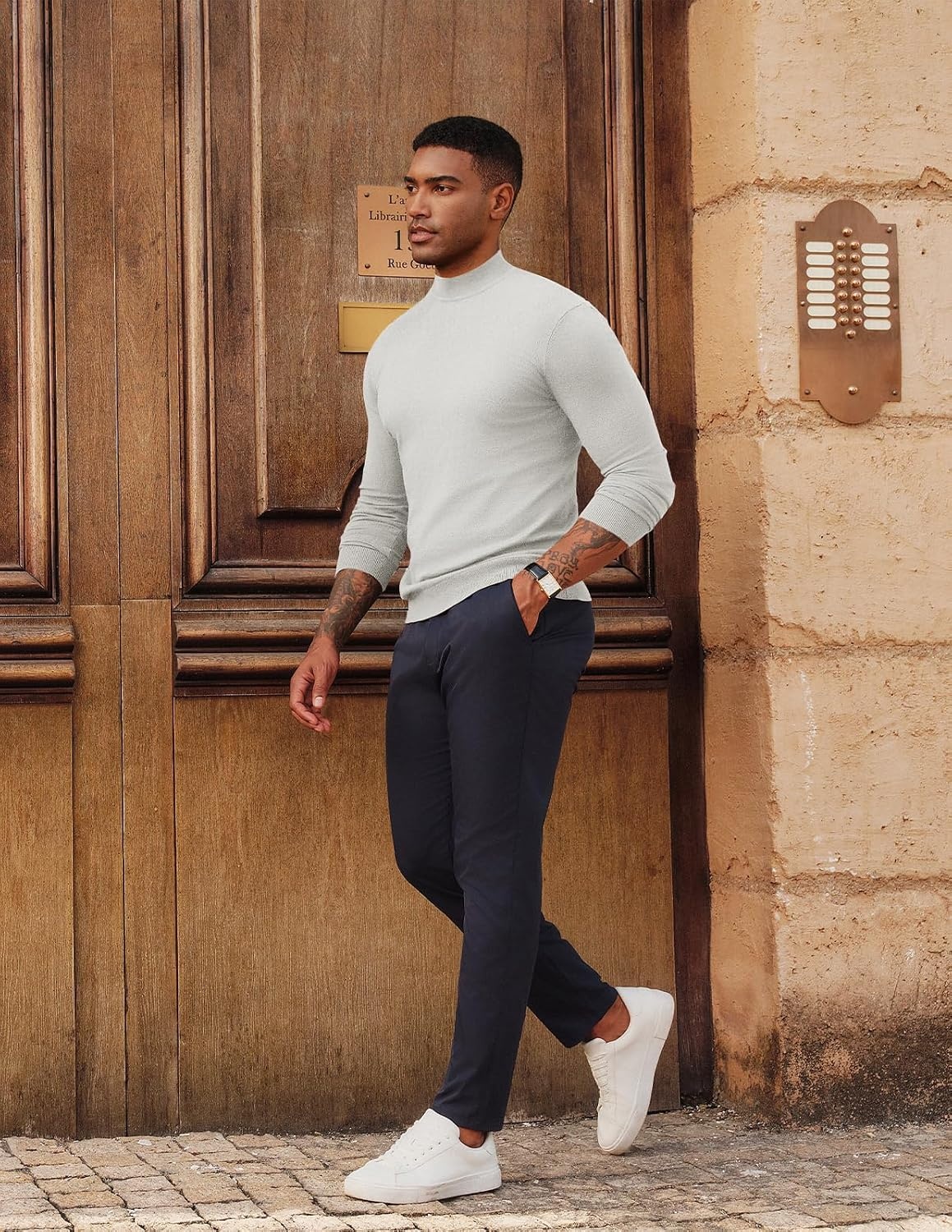 image:imagePJ PAUL JONES Mens Mock Neck Sweater Long Sleeve Sweaters Long sleeve Ribbed cuff and hems Mock TurtleneckTexture knitted Lightweight and stretchy Basic and thermalWhite
