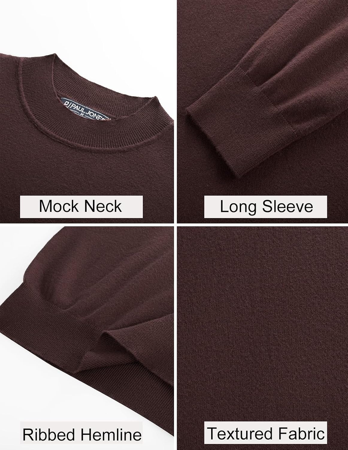 image:imagePJ PAUL JONES Mens Mock Neck Sweater Long Sleeve Sweaters Long sleeve Ribbed cuff and hems Mock TurtleneckTexture knitted Lightweight and stretchy Basic and thermalCoffee