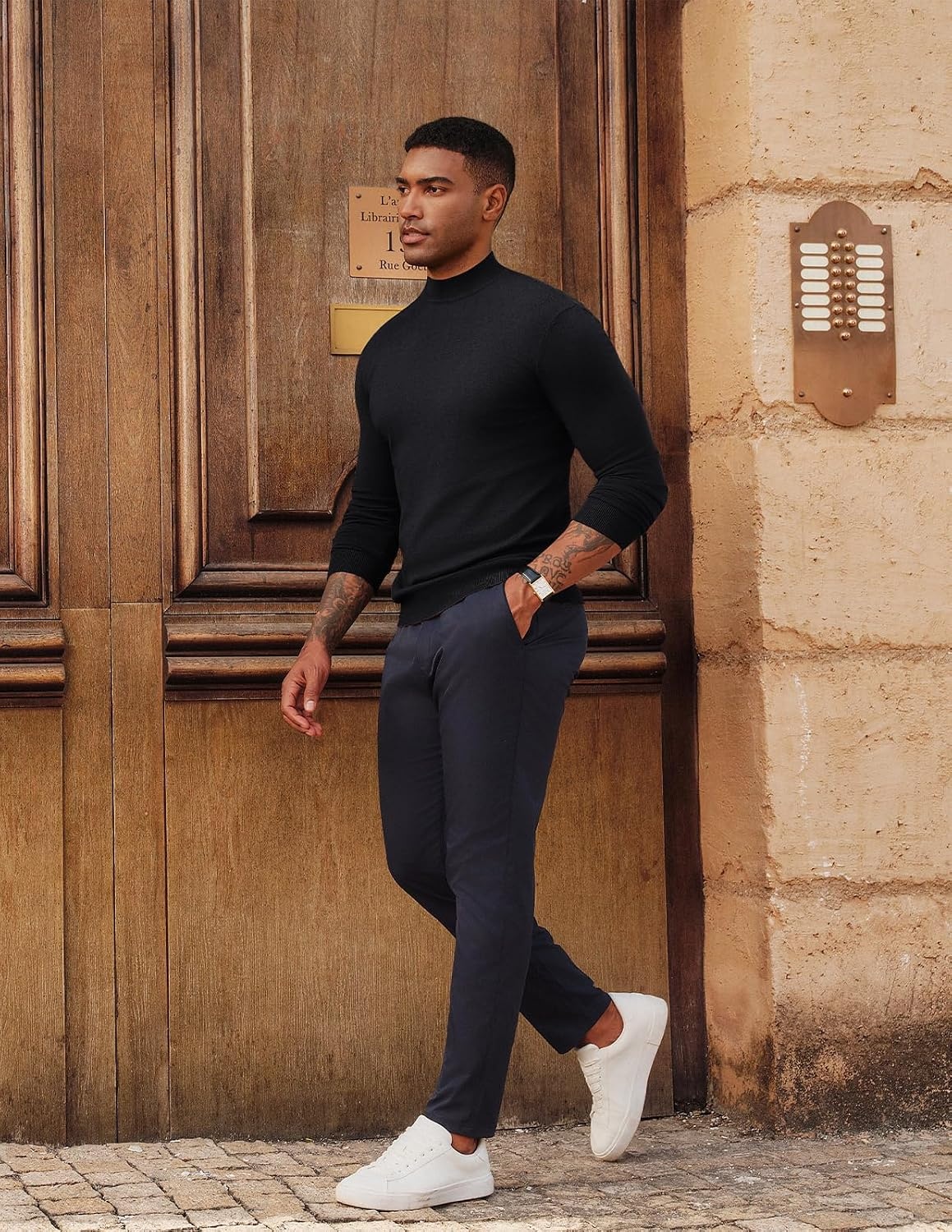 image:imagePJ PAUL JONES Mens Mock Neck Sweater Long Sleeve Sweaters Long sleeve Ribbed cuff and hems Mock TurtleneckTexture knitted Lightweight and stretchy Basic and thermalBlack