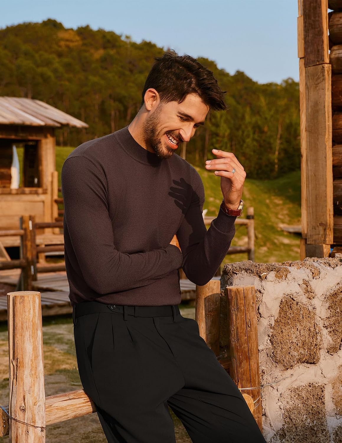 image:imagePJ PAUL JONES Mens Mock Neck Sweater Long Sleeve Sweaters Long sleeve Ribbed cuff and hems Mock TurtleneckTexture knitted Lightweight and stretchy Basic and thermalCoffee