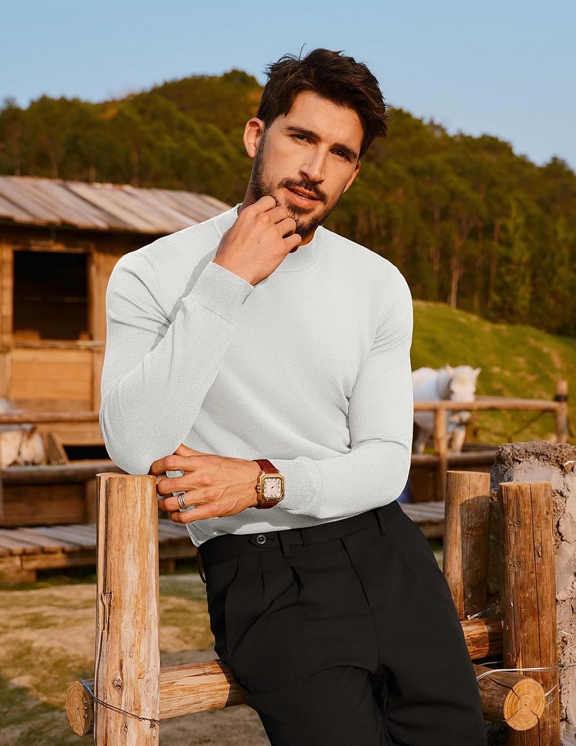 image:imagePJ PAUL JONES Mens Mock Neck Sweater Long Sleeve Sweaters Long sleeve Ribbed cuff and hems Mock TurtleneckTexture knitted Lightweight and stretchy Basic and thermalWhite