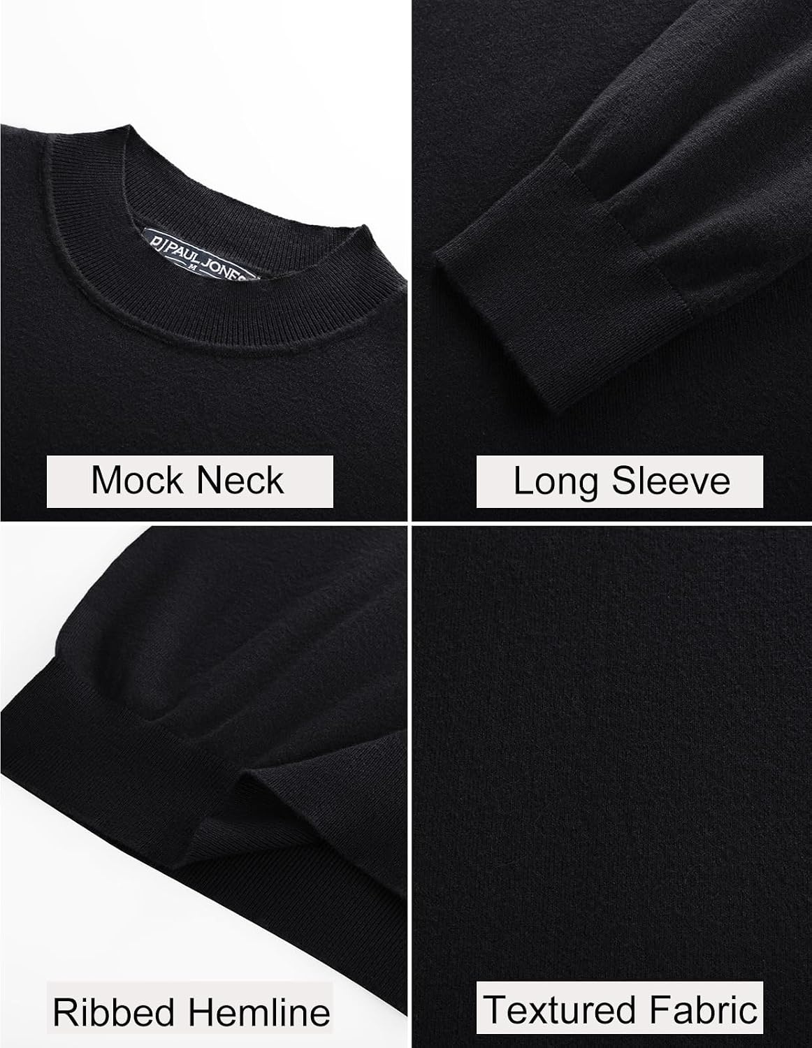 image:imagePJ PAUL JONES Mens Mock Neck Sweater Long Sleeve Sweaters Long sleeve Ribbed cuff and hems Mock TurtleneckTexture knitted Lightweight and stretchy Basic and thermalBlack