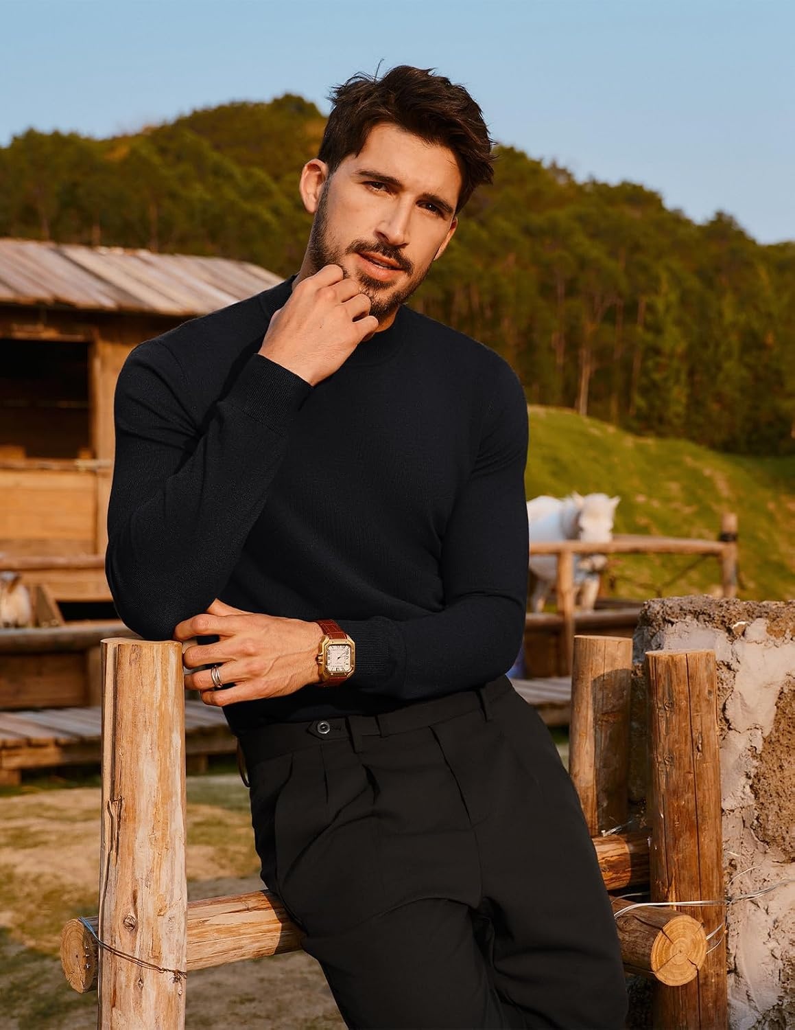 image:imagePJ PAUL JONES Mens Mock Neck Sweater Long Sleeve Sweaters Long sleeve Ribbed cuff and hems Mock TurtleneckTexture knitted Lightweight and stretchy Basic and thermalBlack