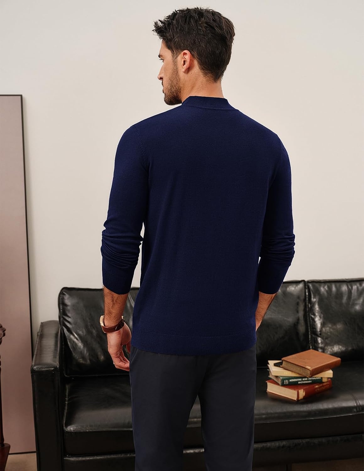 image:imagePJ PAUL JONES Mens Mock Neck Sweater Long Sleeve Sweaters Long sleeve Ribbed cuff and hems Mock TurtleneckTexture knitted Lightweight and stretchy Basic and thermalNavy Blue