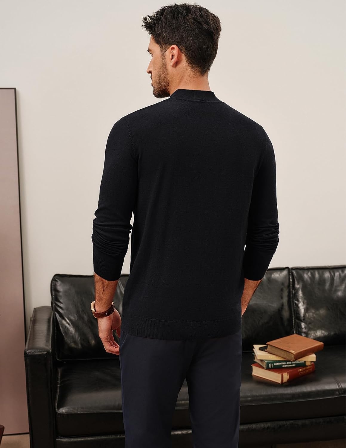 image:imagePJ PAUL JONES Mens Mock Neck Sweater Long Sleeve Sweaters Long sleeve Ribbed cuff and hems Mock TurtleneckTexture knitted Lightweight and stretchy Basic and thermalBlack