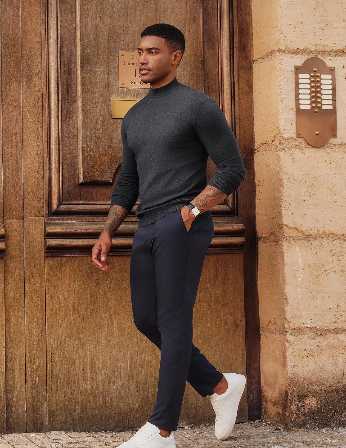 image:imagePJ PAUL JONES Mens Mock Neck Sweater Long Sleeve Sweaters Long sleeve Ribbed cuff and hems Mock TurtleneckTexture knitted Lightweight and stretchy Basic and thermalGrey
