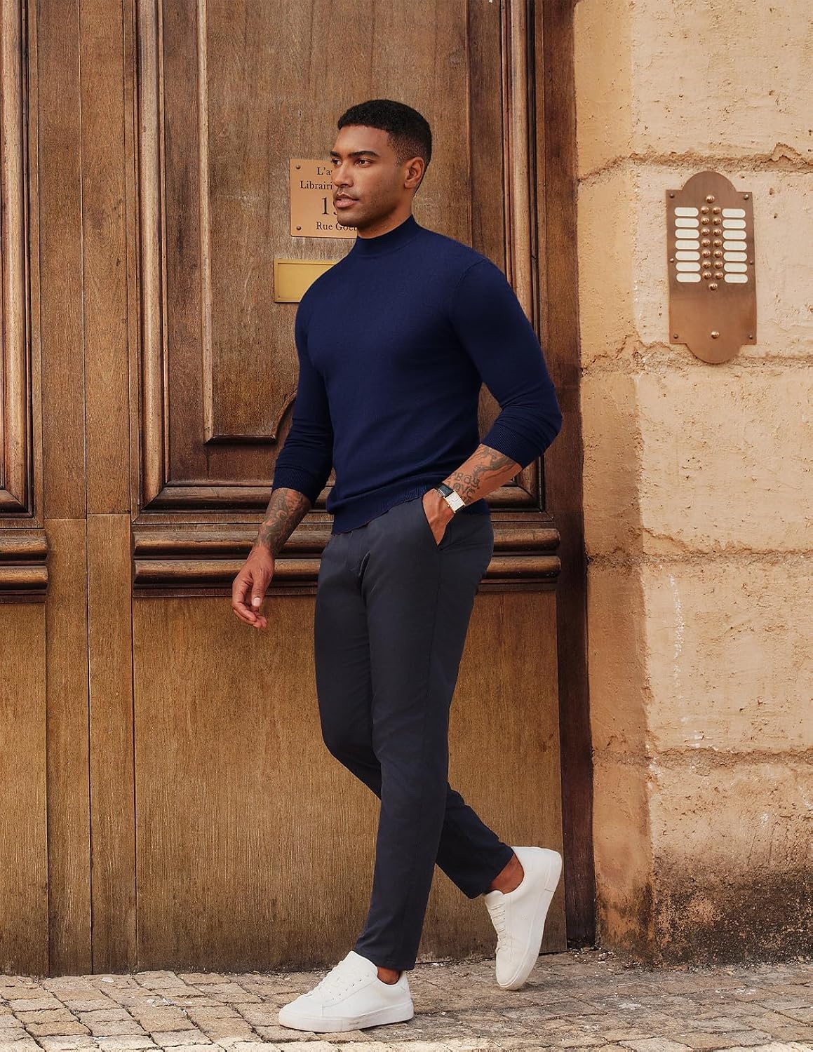 image:imagePJ PAUL JONES Mens Mock Neck Sweater Long Sleeve Sweaters Long sleeve Ribbed cuff and hems Mock TurtleneckTexture knitted Lightweight and stretchy Basic and thermalNavy Blue