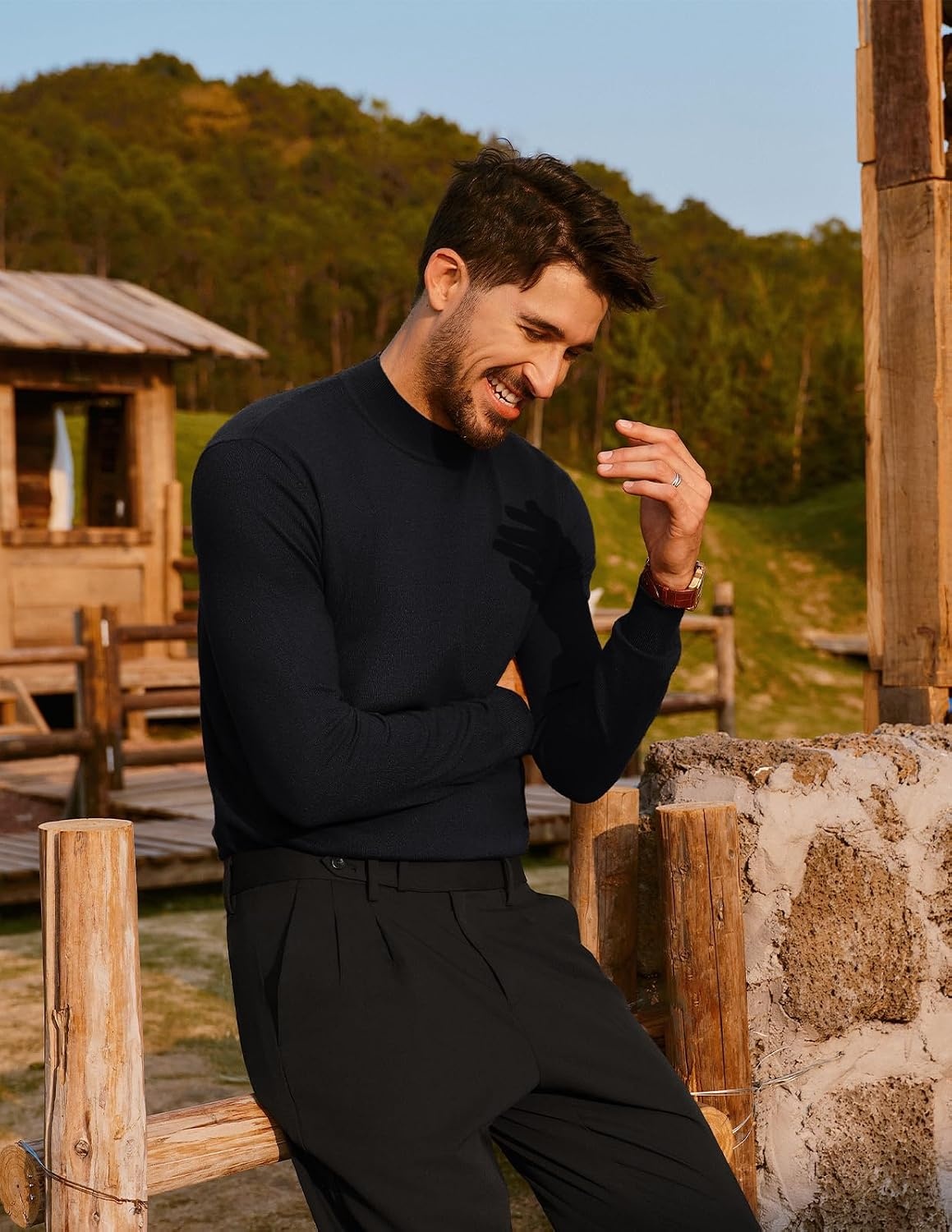image:imagePJ PAUL JONES Mens Mock Neck Sweater Long Sleeve Sweaters Long sleeve Ribbed cuff and hems Mock TurtleneckTexture knitted Lightweight and stretchy Basic and thermalBlack