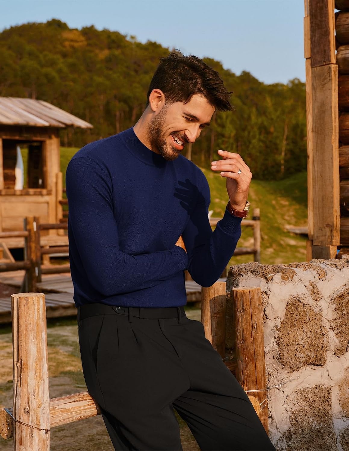image:imagePJ PAUL JONES Mens Mock Neck Sweater Long Sleeve Sweaters Long sleeve Ribbed cuff and hems Mock TurtleneckTexture knitted Lightweight and stretchy Basic and thermalNavy Blue