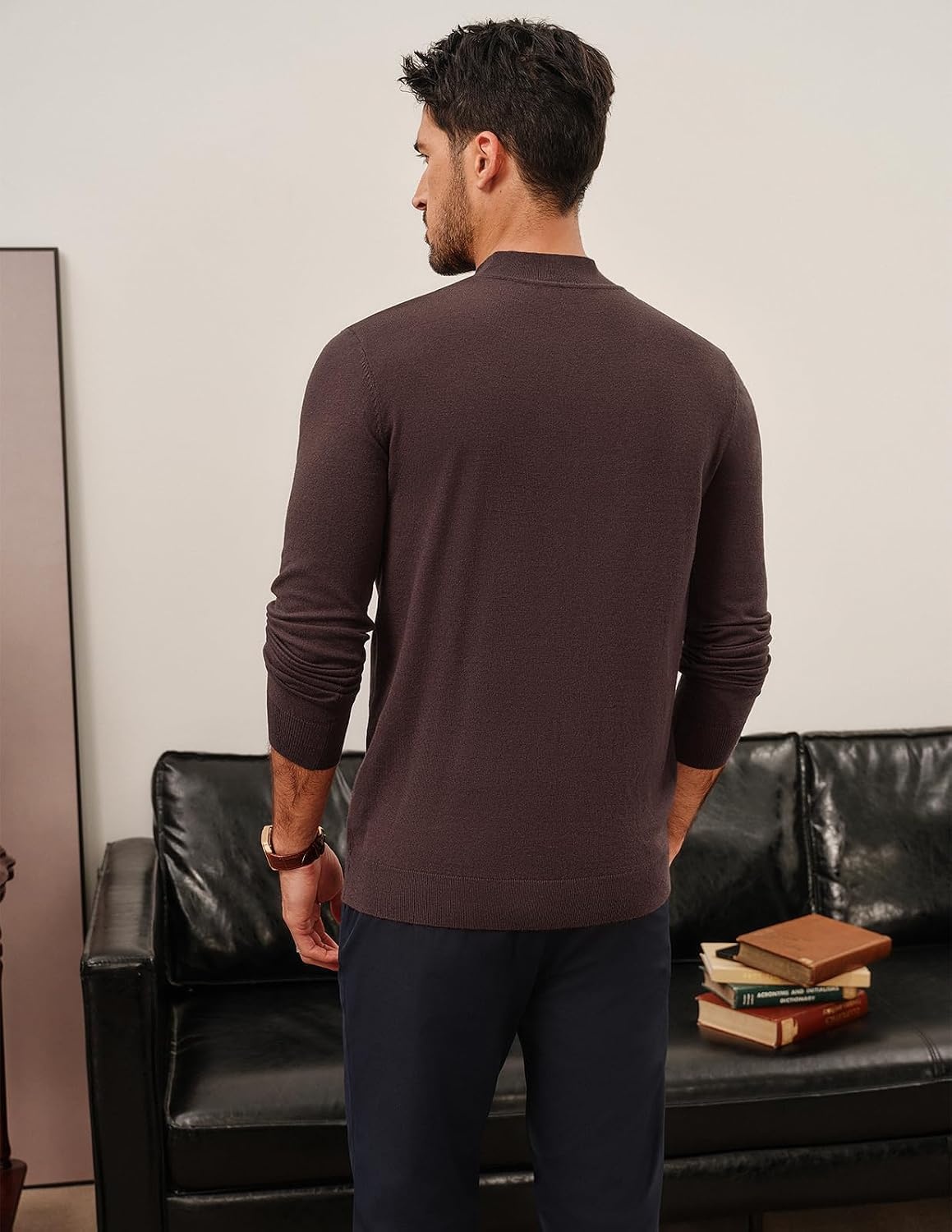 image:imagePJ PAUL JONES Mens Mock Neck Sweater Long Sleeve Sweaters Long sleeve Ribbed cuff and hems Mock TurtleneckTexture knitted Lightweight and stretchy Basic and thermalCoffee