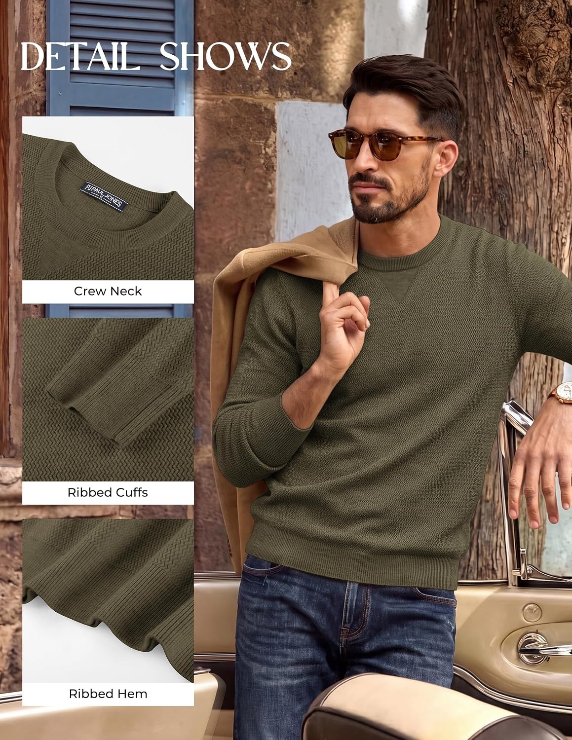 image:imagePJ PAUL JONES Mens Pullover Sweater Casual Crewneck Knit Sweaters Lightweight Long Sleeve Soft Knitted Textured Regular Fit Warm Stretchy Breathable Fall and Winter Business DaliyGreen