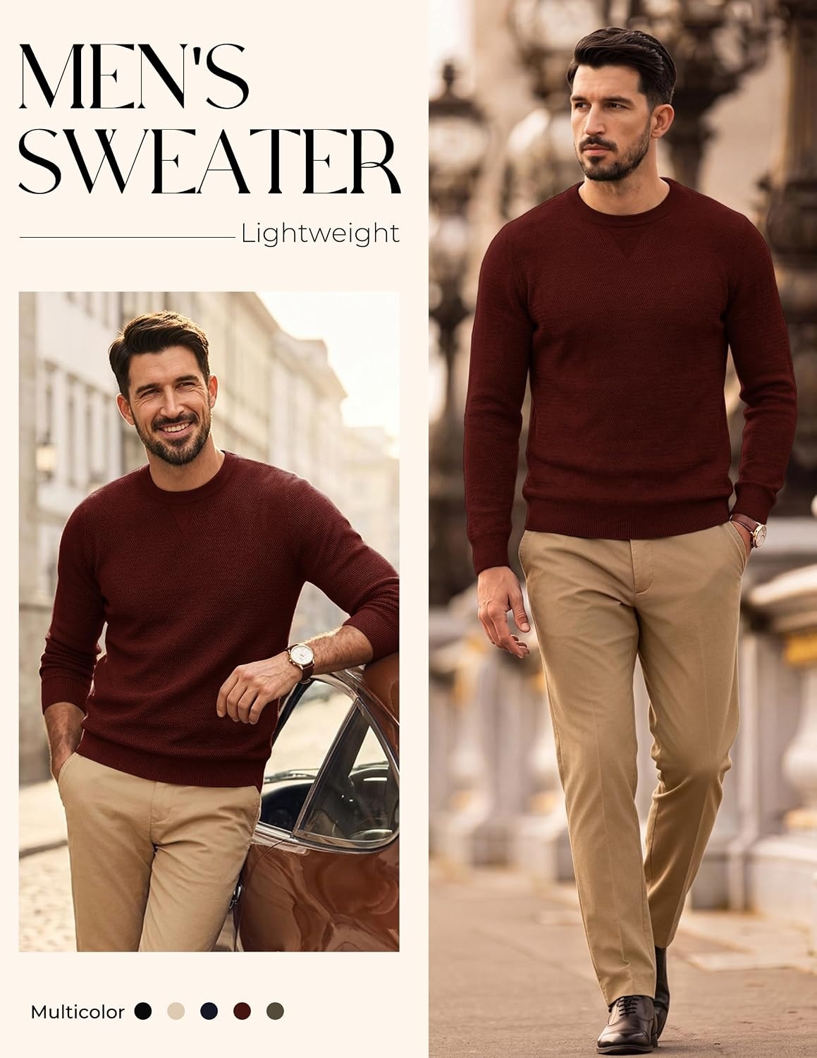 image:imagePJ PAUL JONES Mens Pullover Sweater Casual Crewneck Knit Sweaters Lightweight Long Sleeve Soft Knitted Textured Regular Fit Warm Stretchy Breathable Fall and Winter Business DaliyRed