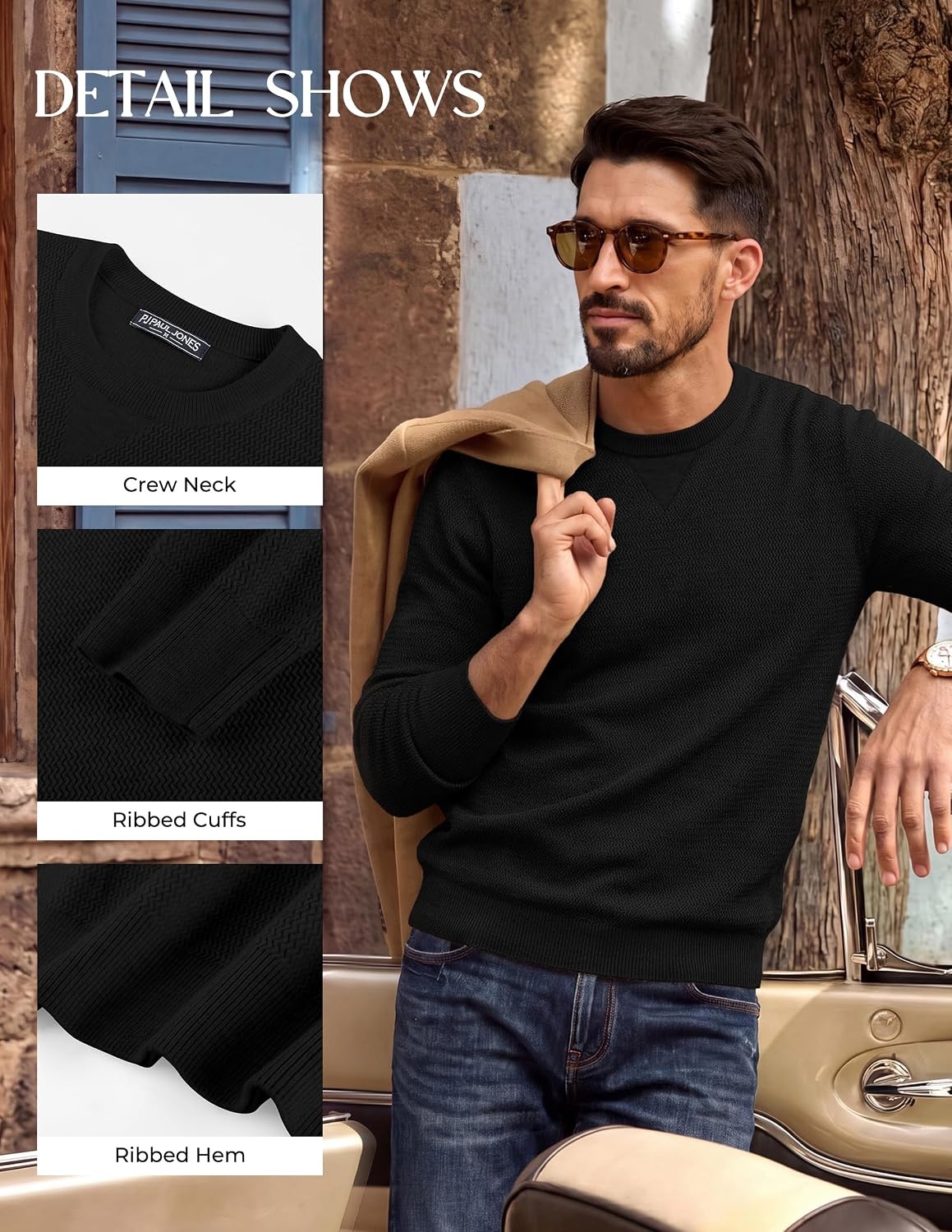 image:imagePJ PAUL JONES Mens Pullover Sweater Casual Crewneck Knit Sweaters Lightweight Long Sleeve Soft Knitted Textured Regular Fit Warm Stretchy Breathable Fall and Winter Business DaliyBlack