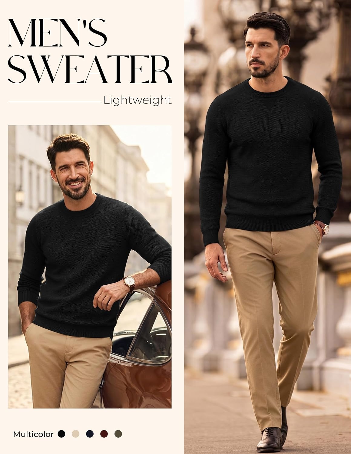image:imagePJ PAUL JONES Mens Pullover Sweater Casual Crewneck Knit Sweaters Lightweight Long Sleeve Soft Knitted Textured Regular Fit Warm Stretchy Breathable Fall and Winter Business DaliyBlack