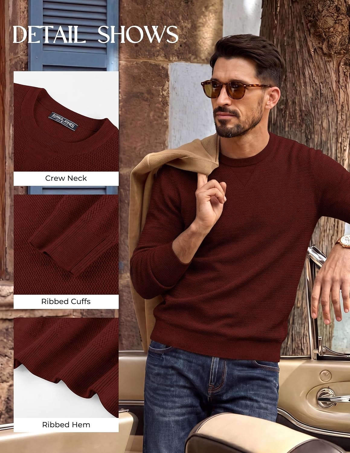 image:imagePJ PAUL JONES Mens Pullover Sweater Casual Crewneck Knit Sweaters Lightweight Long Sleeve Soft Knitted Textured Regular Fit Warm Stretchy Breathable Fall and Winter Business DaliyRed